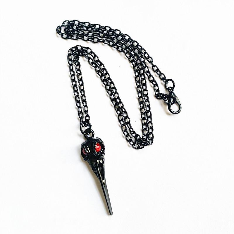 Gothic Steampunk Black 3D Crow Skull Necklace & Red Bead Earrings Set