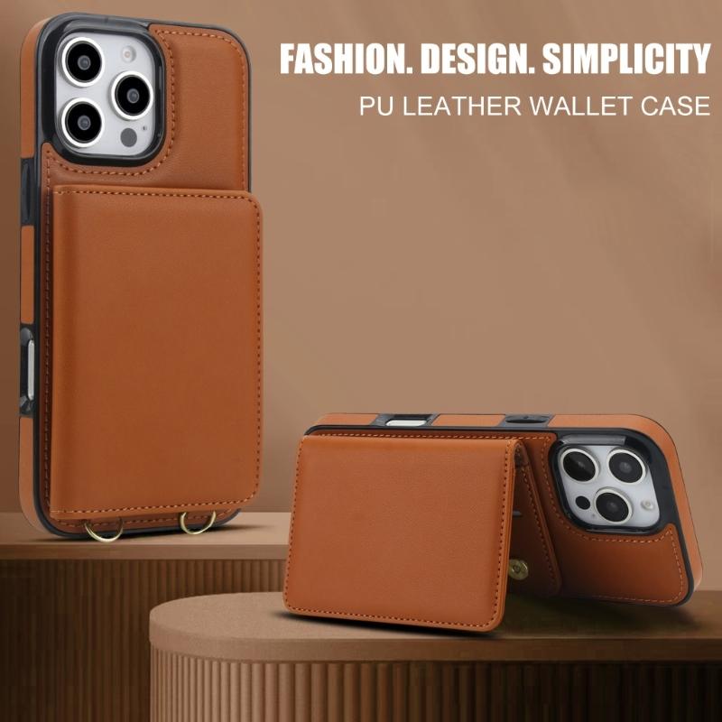 Magnetic Closure Cover for Phone 16 Series Kickstand Case with Card Holder Lanyard Shoulder Strap