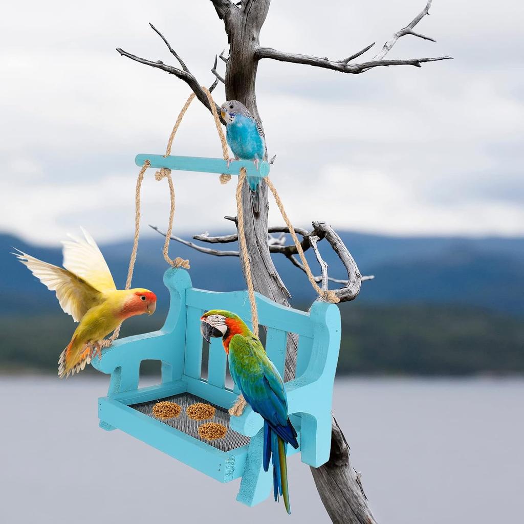 POPETPOP Hanging Bird Feeder, Wooden Chair-Shaped, Multiple Feeding Spots, Attracts Various Birds, Durable, Blue, 6.89 X 5.51 X 4.725 Inches