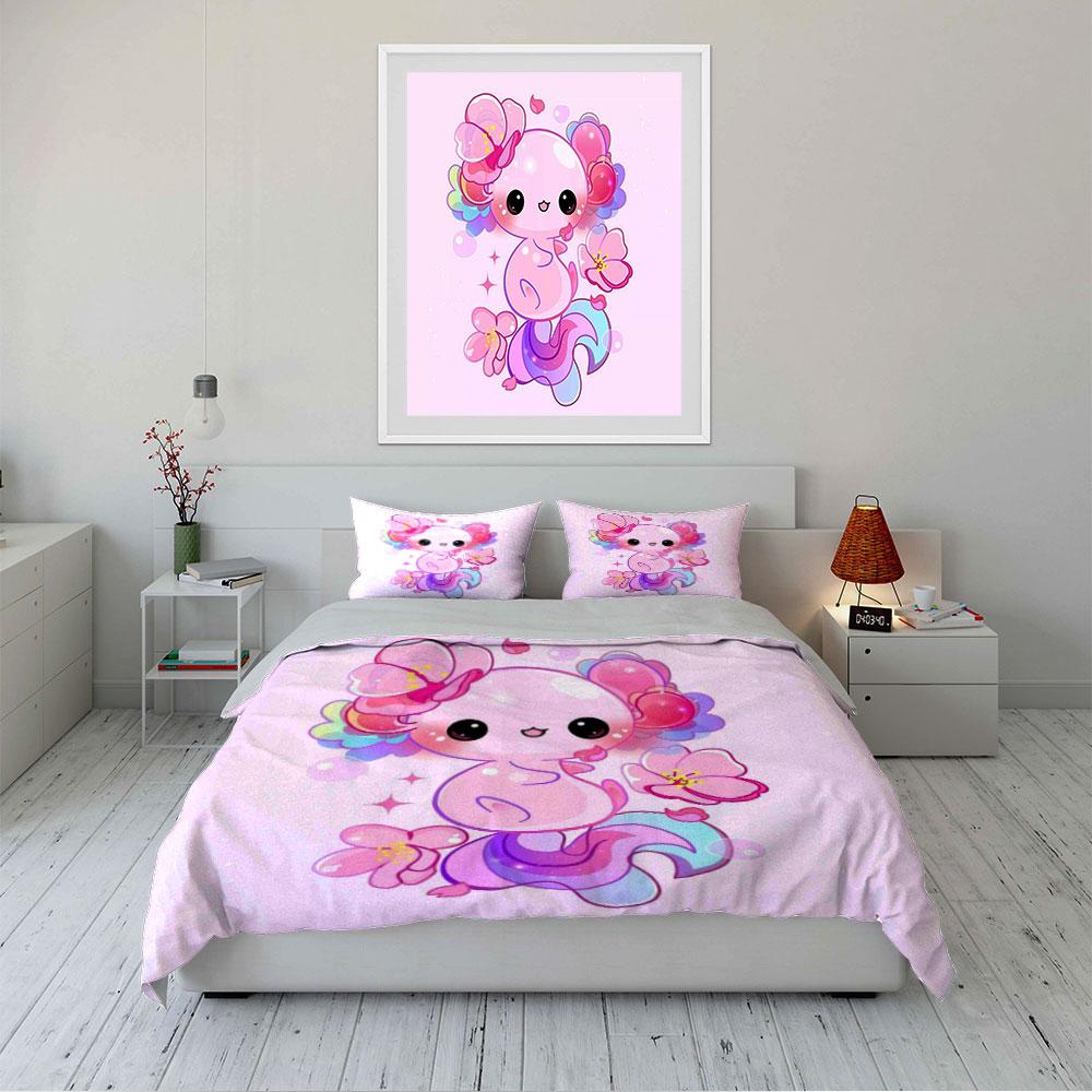 Cute Pink Axolotl with Flowers Bedding Duvet Cover Set (1*Duvet Cover 2*Pillowcases, without duvet insert)