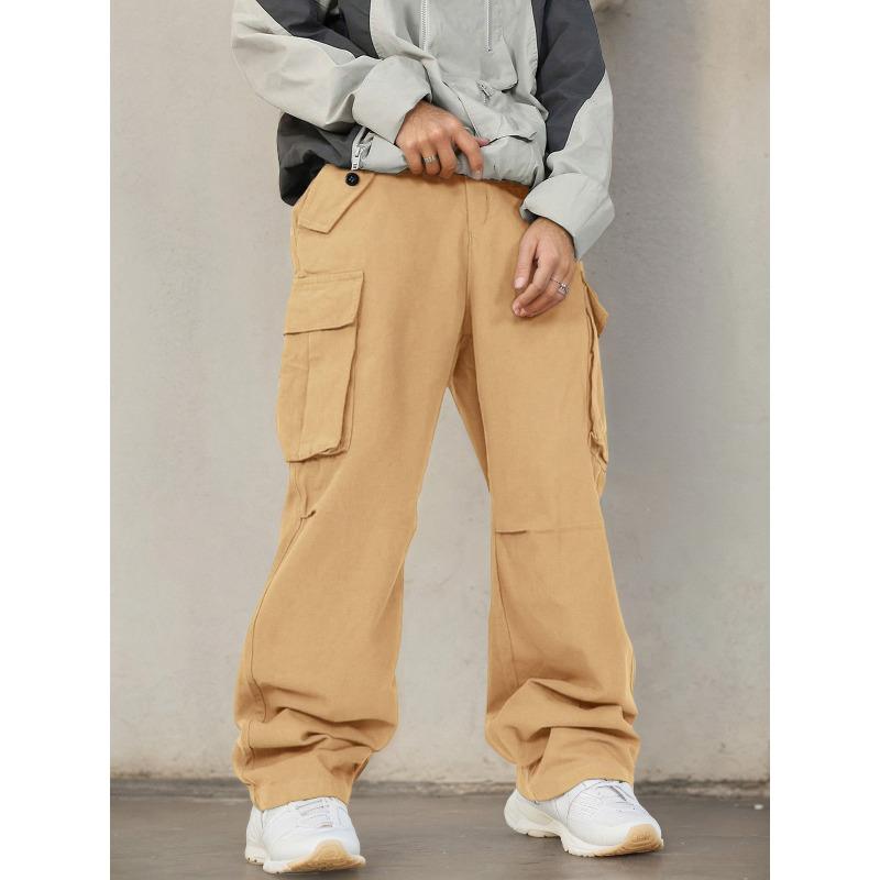 Retro Big Pocket Paratrooper Overalls Men's Fashion Straight New Loose Micro-horn Casual Pants
