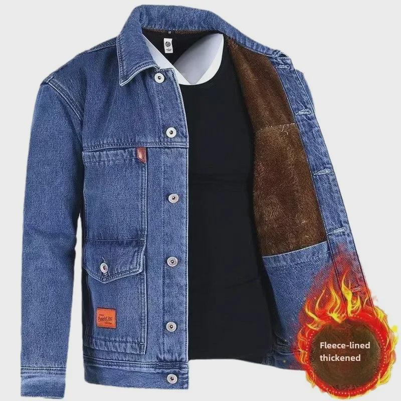Men's Denim and Velvet Thickened Windproof Winter Coat, Warm and Wear-Resistant, Large Sizes Available
