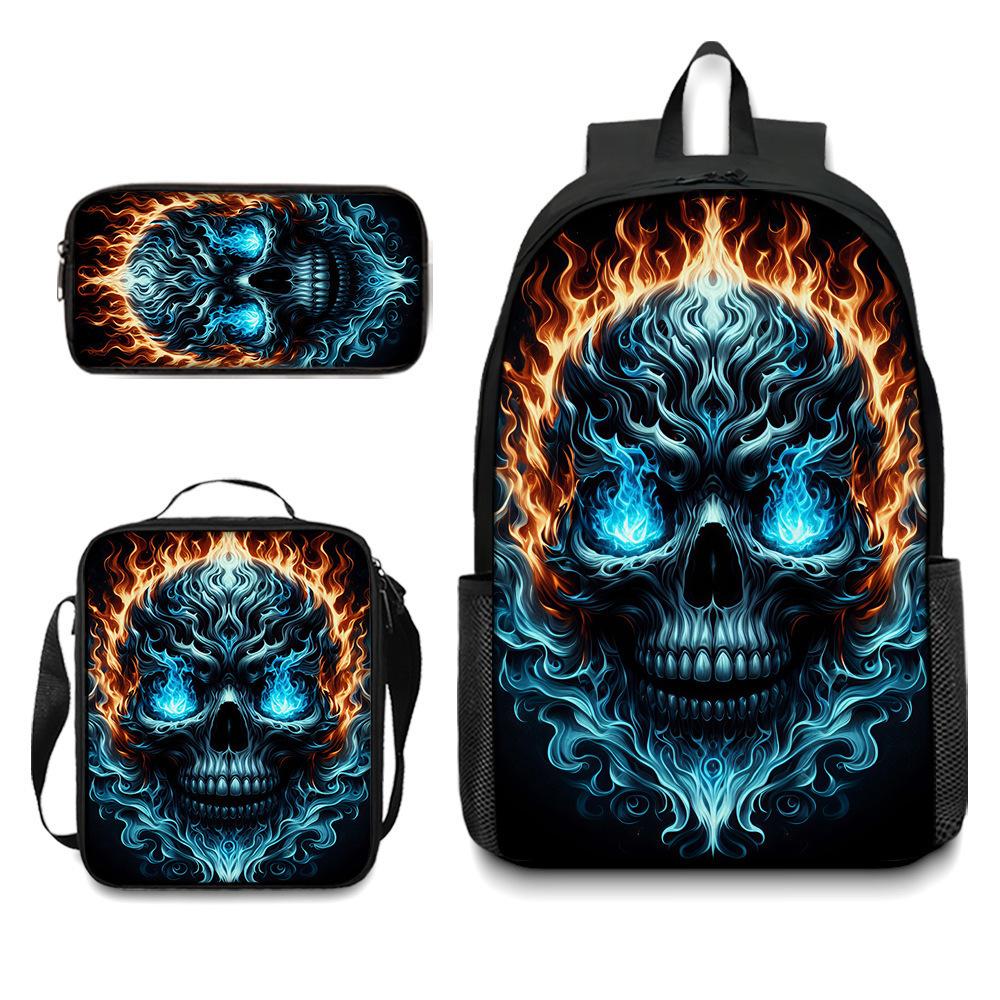 Skull Student Backpack Set Fashion Double Shoulder Bag Crossbody Bag Pencil Case Trendy Accessories Multifunctional School Bag