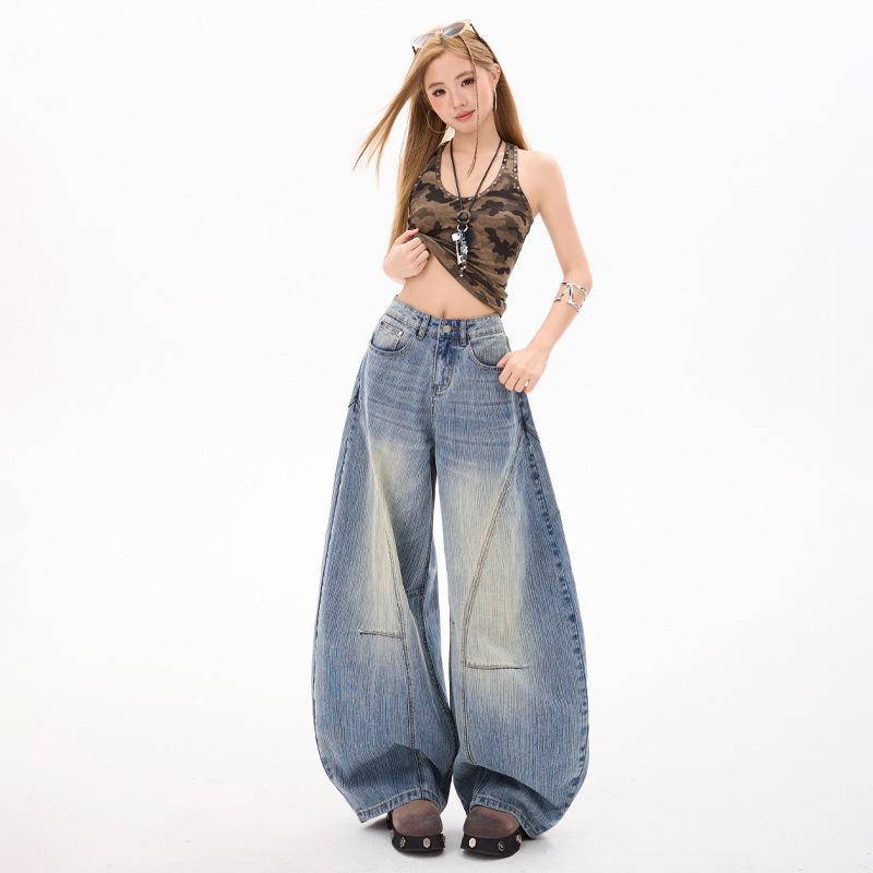 

2026 Spring Spicy Girl Blue Wide-Leg Bamboo Jeans - Women s Fashionable Slimming Pants 2XL