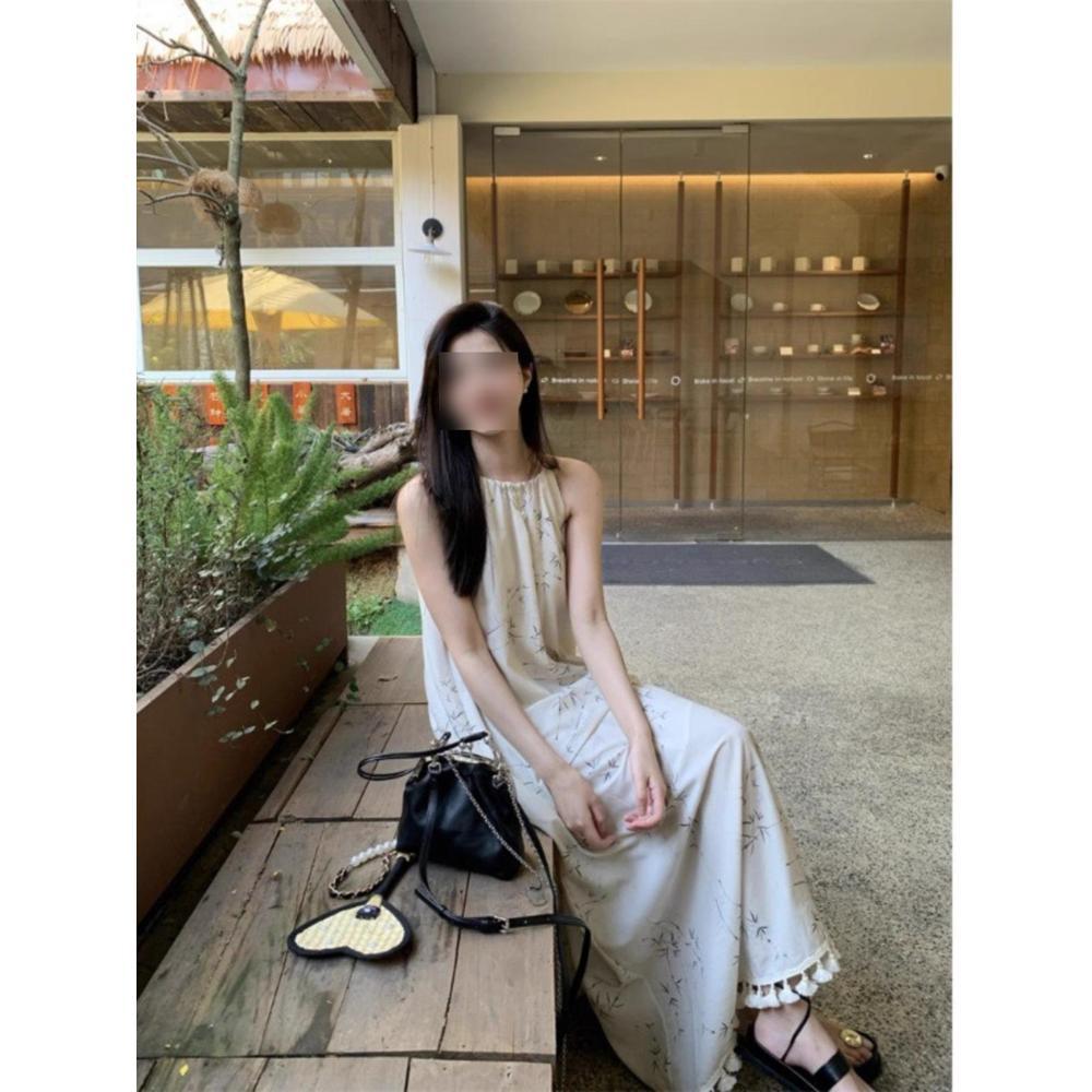 New Chinese Style Dark Pattern Bamboo Neck Dress Women's Summer New Beach Loose Design Holiday Style Long Skirt