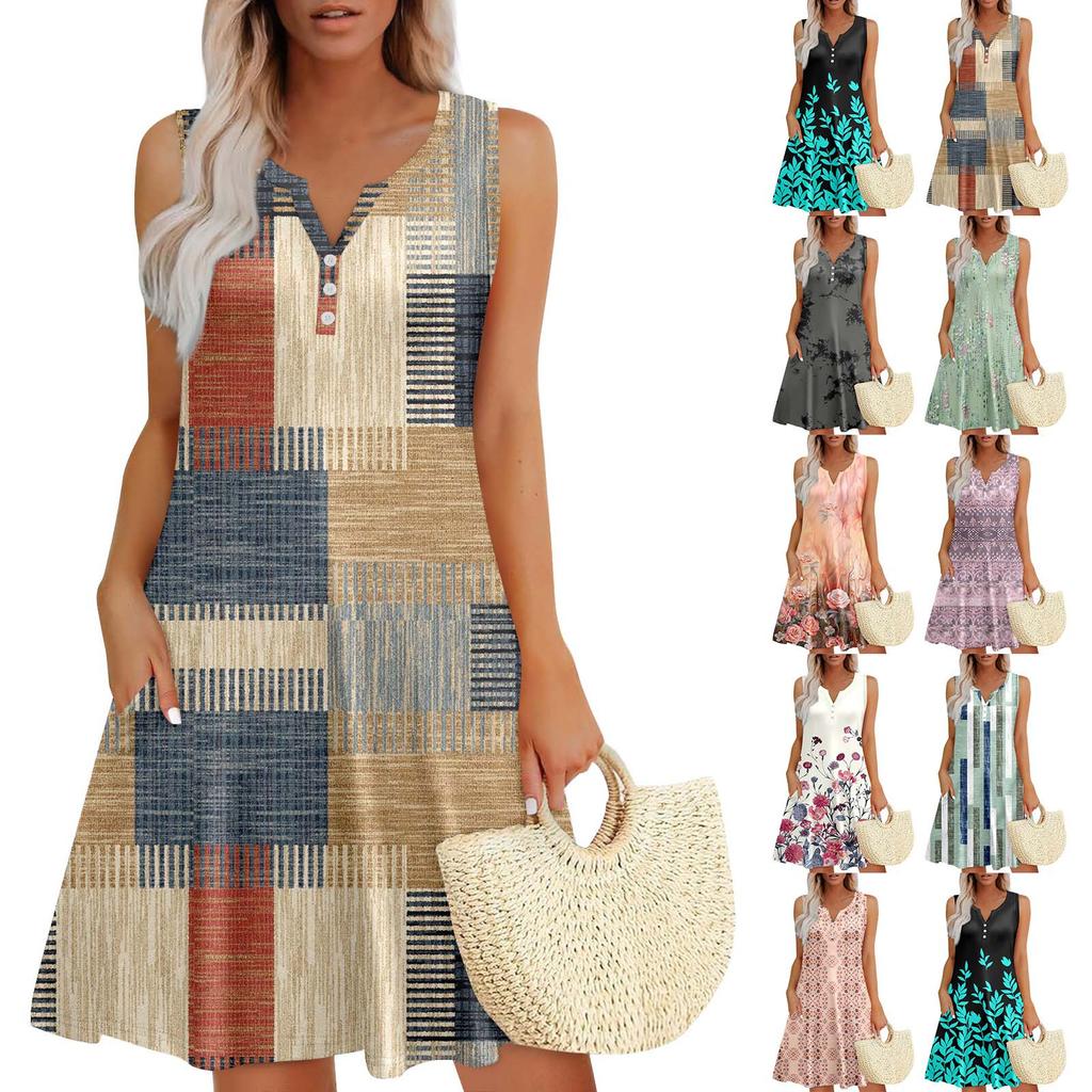 Womens Summer Dresses Loose V Neck Sleeveless Sundresses Dress With Pockets