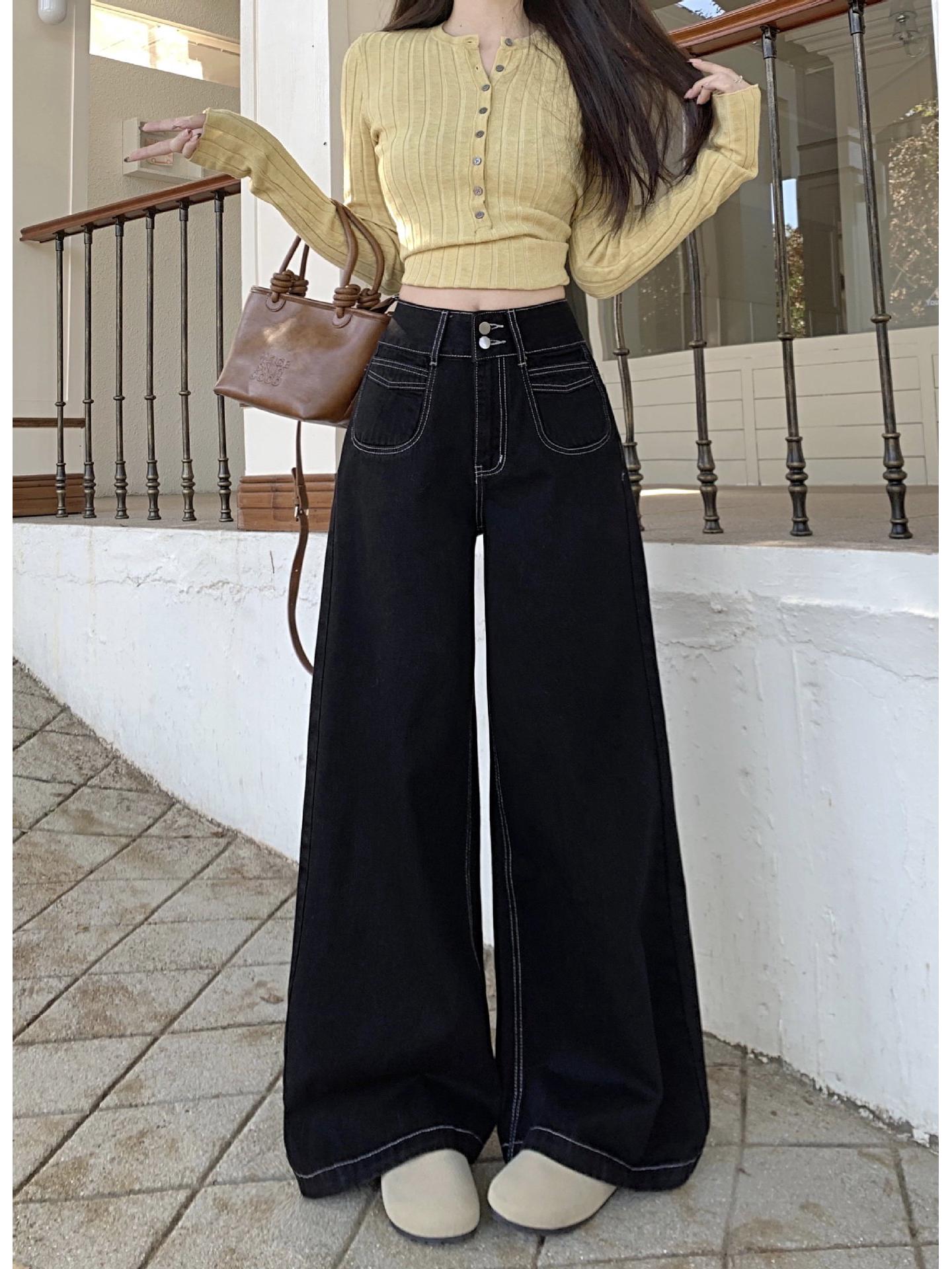 

Black Wide-Leg High-Waisted Floor-Length Retro Jeans for Women - Autumn 2026 Versatile Loose Fit 4XL [160-180 jin]