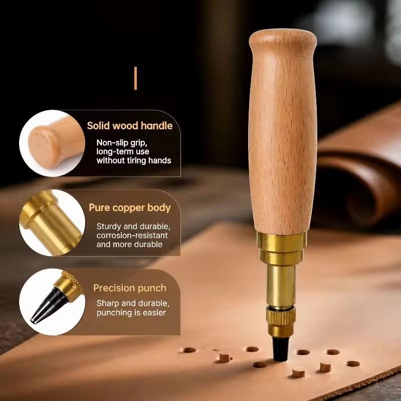 Japanese Style Leather Hole Punch Set Adjustable Screw Punch Tool 6 Tip Sizes with Wood Handle Bookbinding Paper Wood Crafting