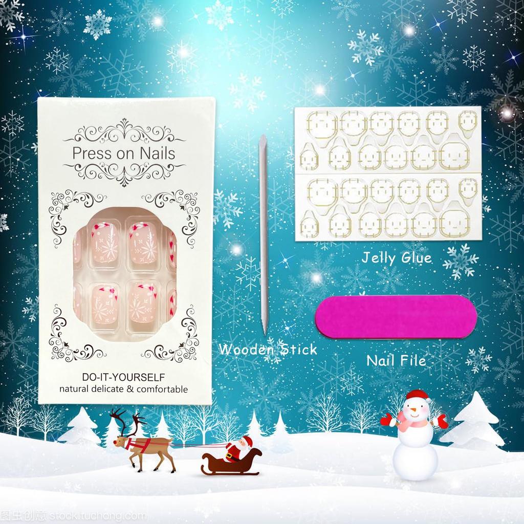 Cute Snowflake Deer Fake Nails Short Square Christmas Press On Nails with Heart Glue On Nails Glossy Winter Xmas Acrylic Stick On Nails for Women DIY