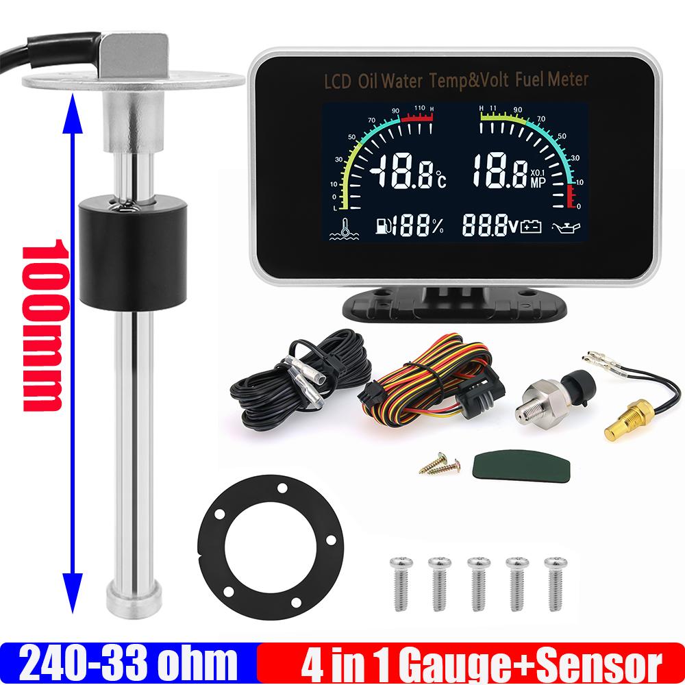 240-33 ohm Fuel Level Sensor 100-500mm 4 IN 1 Gauge with Alarm Fuel Level Gauge+Water Temp+Oil Press+Volt for Car Truck 12V 24V