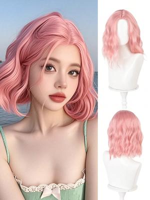Pink Wavy Hair Wig, Wavy Synthetic Wig, Shoulder Length Short Hair, Suitable for Party Dressing