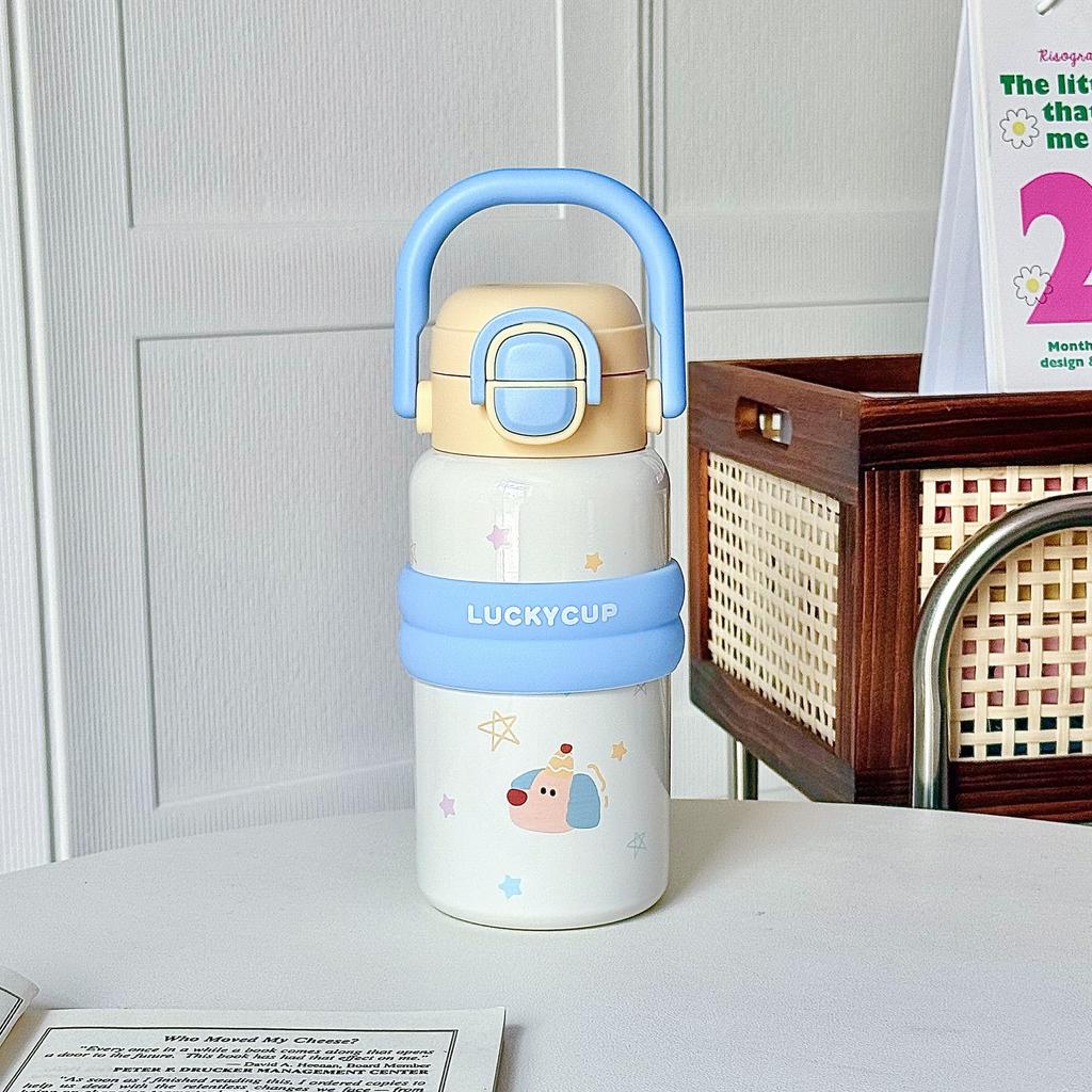 Tecknad söt termosmugg flickor högt värde rostfritt stål sugrörsmugg student tecknad stor kapacitet bärbart handtagsmugg