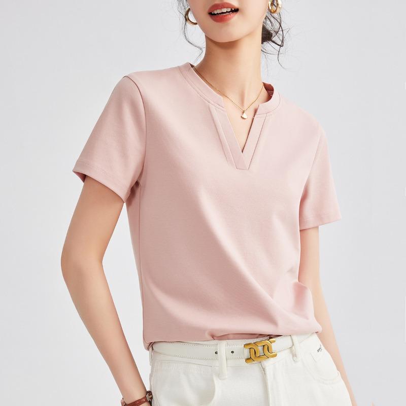 

S double-sided mercerized cotton design short-sleeved T-shirt women s summer front shoulder fit collar solid color top crisp t-shirt XXXL