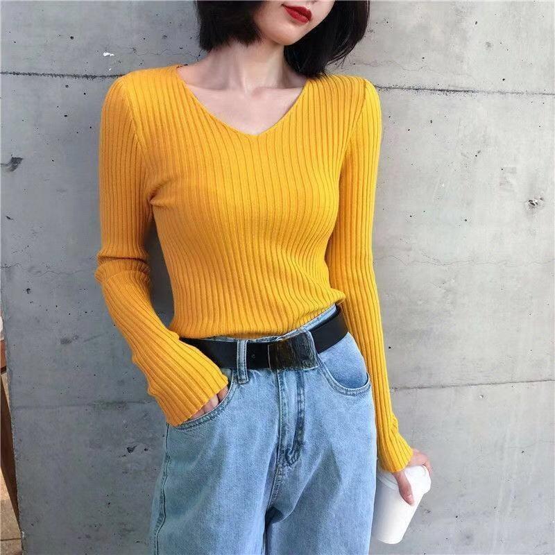 

Осенние женские свитера с длинным рукавом, элегантные облегающие пуловеры с V-образным вырезом, вязаные свитера для женщин, повседневные однотонные повседневные офисные женские зимние джемперы 25360 One Size жёлтый
