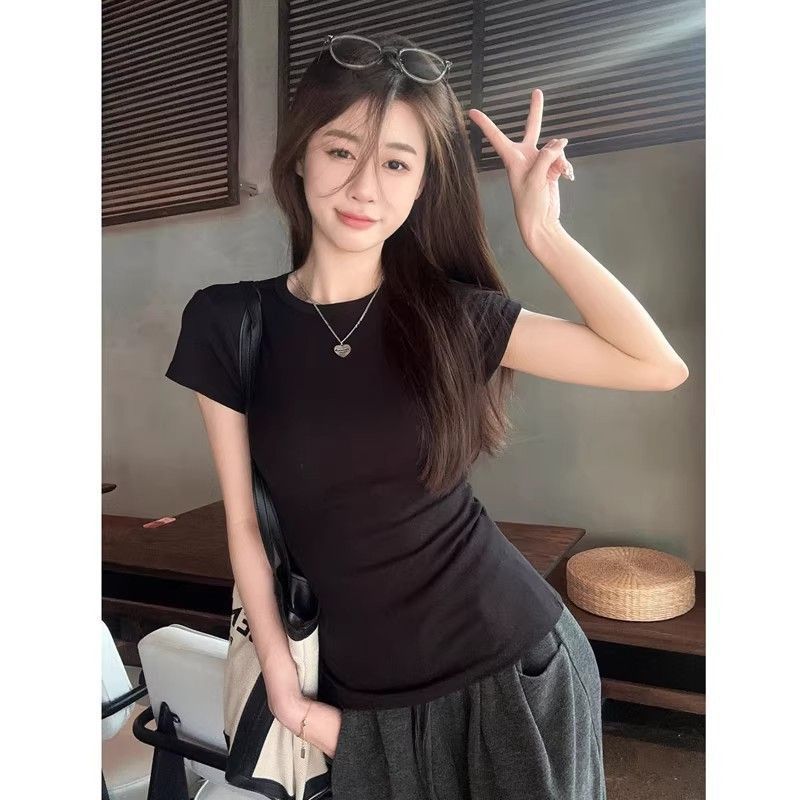 Pure Cotton Slim-fitting and Thin Black Spice Girl Small Top Summer New Sweet and Spicy Short-sleeved Tight Shoulder T-shirt Women