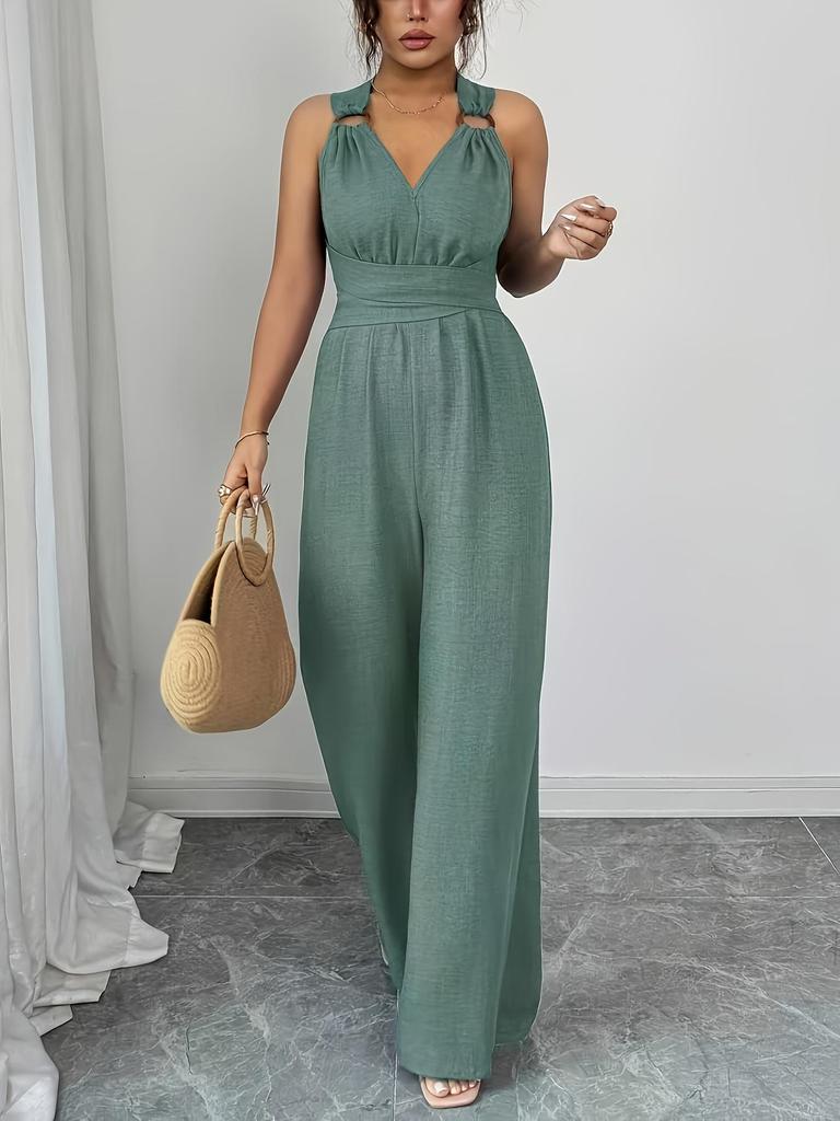 European Women's 2025 V-Neck Backless Cross-Waist Wide-Leg Jumpsuit