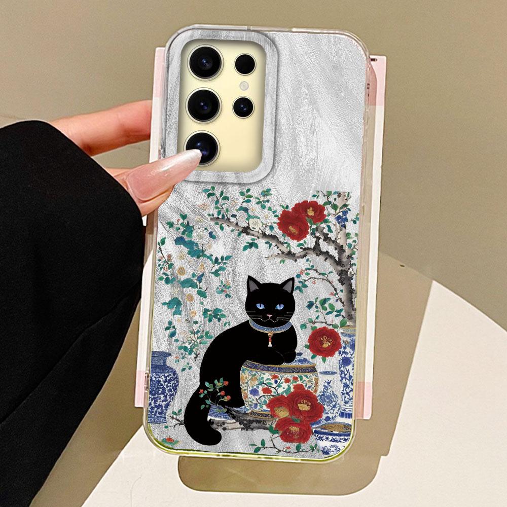 

Чохол для телефону з текстурою білого порцелянового кота, квітки, пера для Samsung Galaxy S25 S24 S23 S22 S21 FE Plus Ultra Задня силіконова кришка Samsung Galaxy S24 FE білий