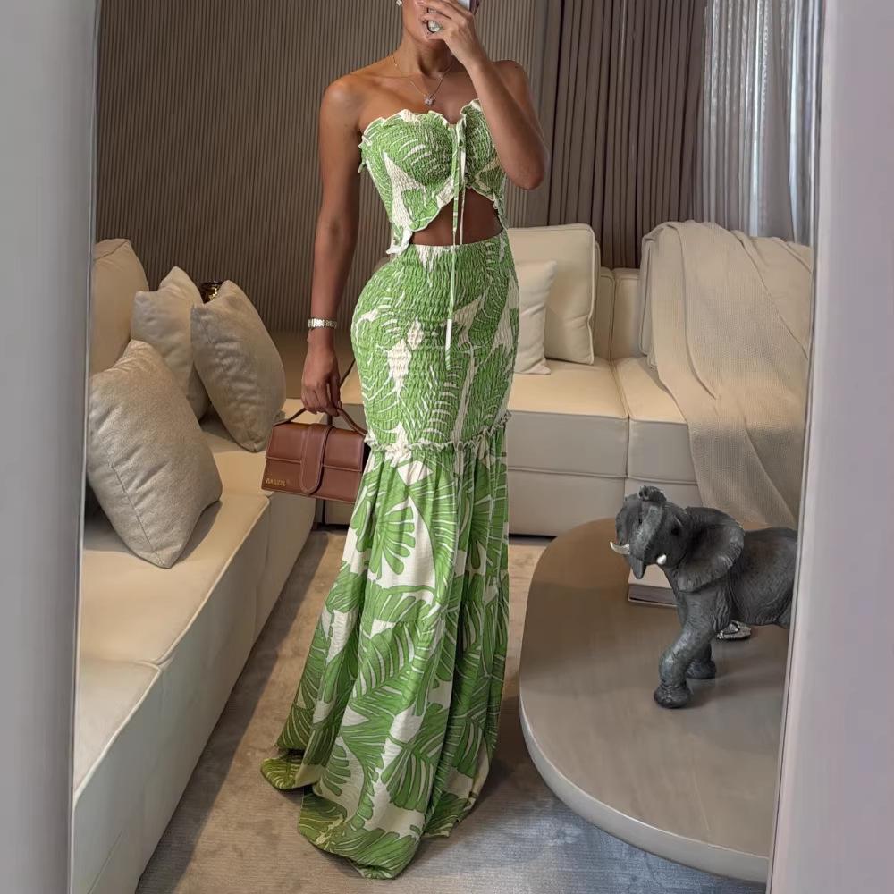 Tropical Plant Print Strapless Ruched Long Skirt Set