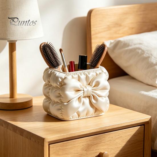 Tubular Pen And Brush Organizer Bow Holder, Silk Texture High-Density Case, Large Design Makeup Holder Capacity Elegant Organizer, for Desktop Storage