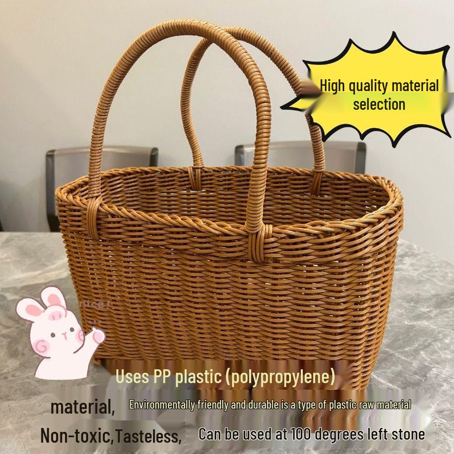 Rattan-Look Iron Frame Handbasket: Plastic Woven Flower, Vegetable, Shopping, Wedding Gift, Outdoor Restaurant Storage Basket.