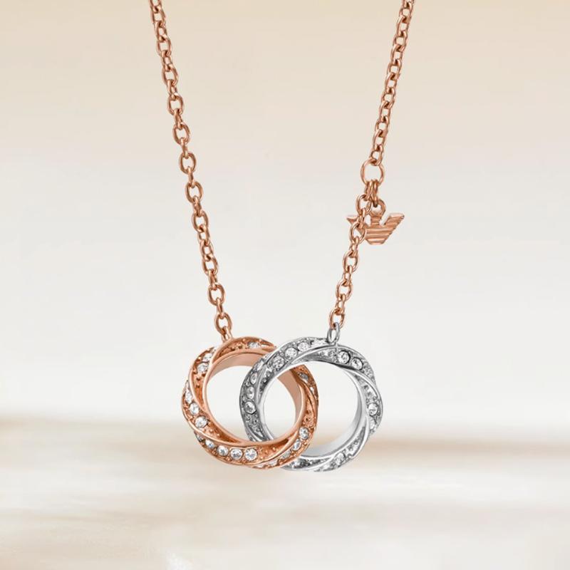 Emporio Armani Fashion Simple Trendy Double Ring Diamond Inlaid Stainless Steel Necklace Women necklace Rose-Gold EGS3004221