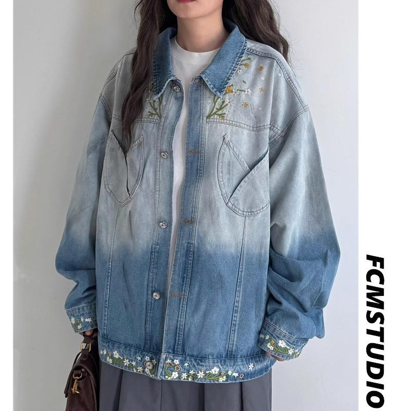 Unisex Retro Floral Embroidered Gradient Denim Jacket