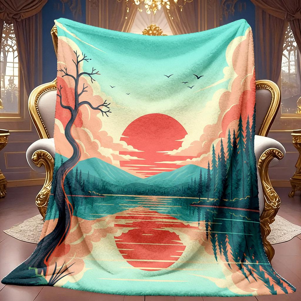 1pc 2D Sunset Lakeside Scenery Theme Pattern Flannel Blanket, Soft HD Digital Print, Cooling Blanket All-Season Use! Soft And Breathable 100% Polyeste