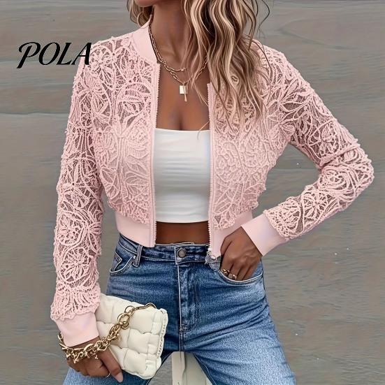 Lace Cutout Sleeves Jacket Women's Floral Jacket, Sexy See Through Long Lightweight Women Sleeve Crop Coat, Zip-Up Sheer Outerwear Spring for