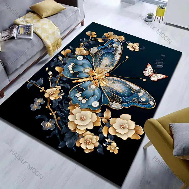 Mehrere Größen Eleganter Schmetterling mit Blumen Teppich für Wohnzimmer Schlafzimmer Sofa Heimdekor Rus Rutschfeste Bodenmatte Geschenk