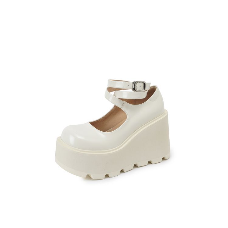 

10CM thick-soled wedge heel genuine leather Mary Jane single shoes 2025 spring strap ultra-high heel muffin sole white small leather shoes 39