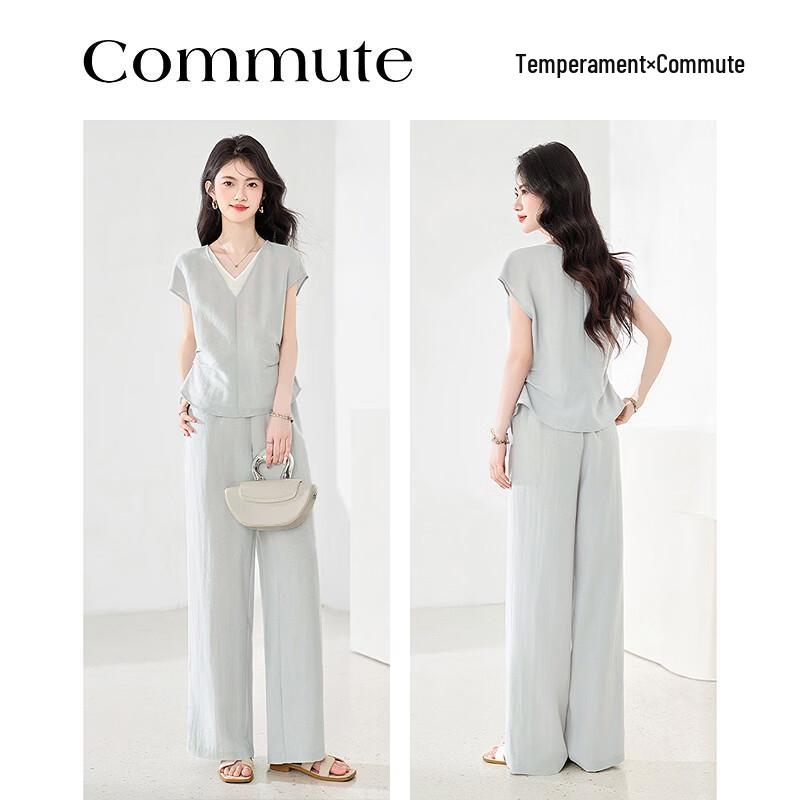 Women's V-Neck Short Sleeve Top & Casual Trousers Set