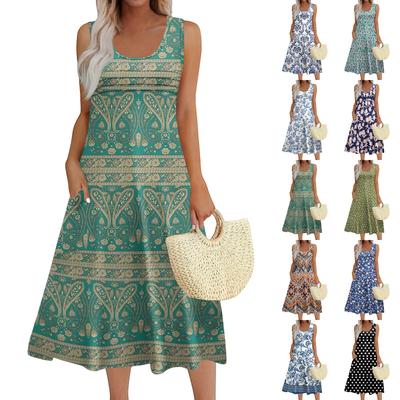 Women's Fashion Round Neck Sleeveless Pleated Beach Dress With Pockets Long Floral Dresses