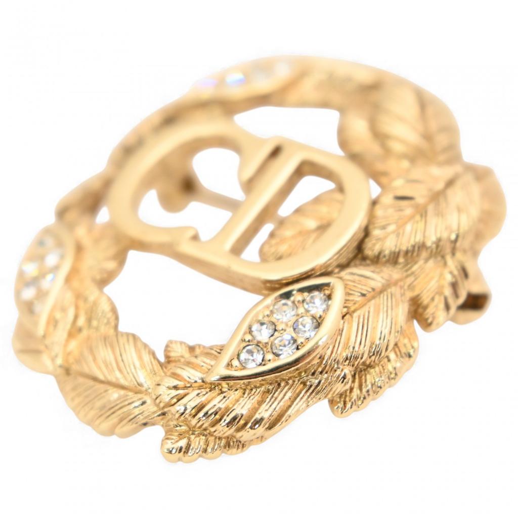 Auth DIOR Pave Leaf CD Logo Brooch Gold-Tone Metal Rhinestone Di4610bf
