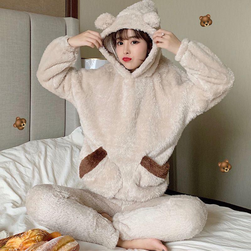Winter Kawaiii Bear Women's Pajamas Set Pyjamas Sets Thick Sleepwear Flannel Coral Velvet Long Sleeve Loungewear