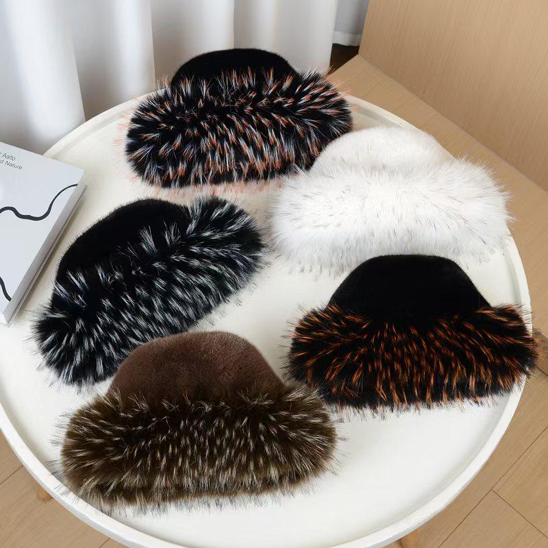 Flat Top Plush Hat with Colorful Faux Mink & Raccoon Fur - Thick & Warm for Fall/Winter