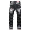 Men's Trendy Punk Printed Skinny Jeans - Black Ripped, Patched, Painted Slim Fit Mid-Waist