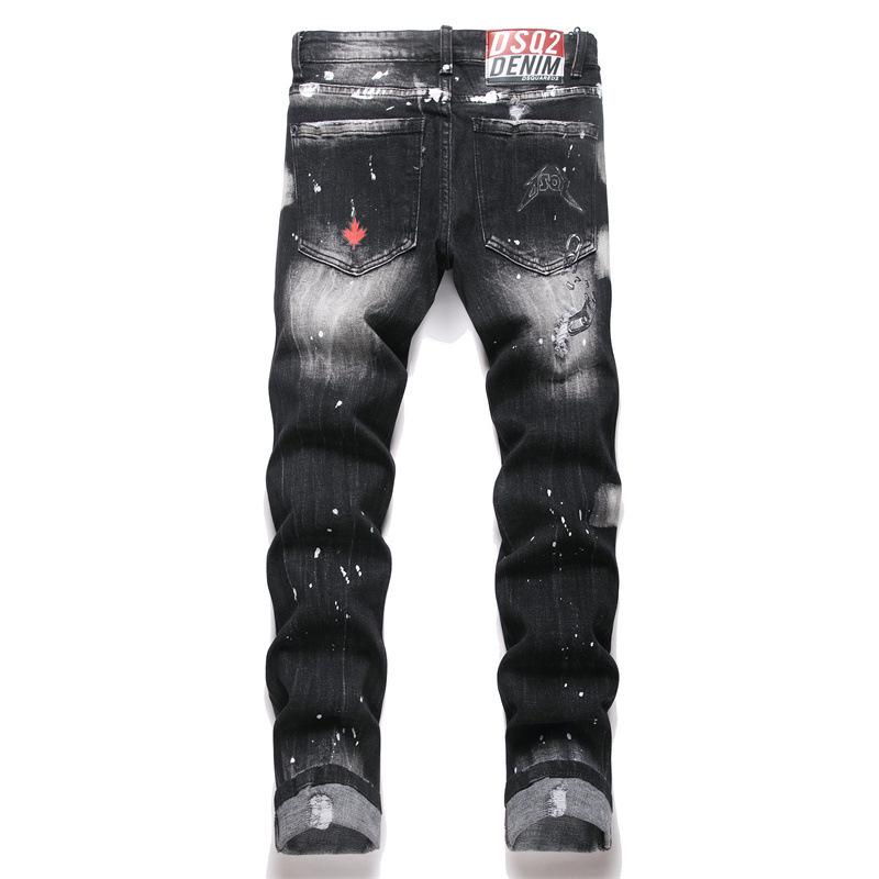 Men's Trendy Punk Printed Skinny Jeans - Black Ripped, Patched, Painted Slim Fit Mid-Waist