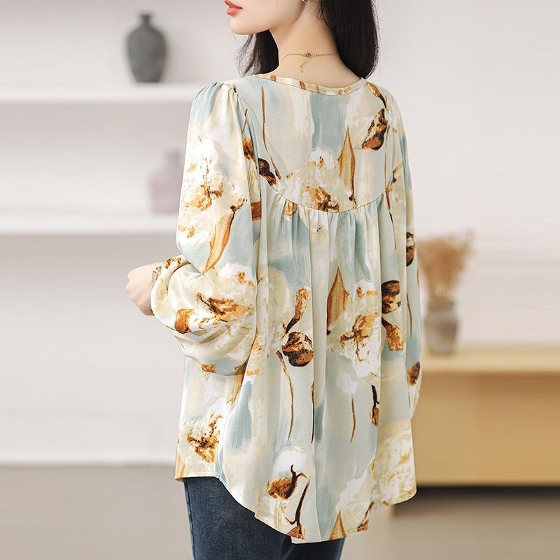 Spring New Floral Fashion Versatile Chiffon Shirt Long-sleeved Round Neck Printed Women's Top