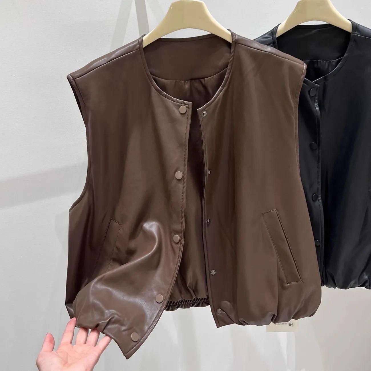 

Women s Autumn 2025 Solid Color PU Leather Sleeveless Vest with Layered Shoulder Pads - Korean Style Fashion S (recommended for 37.5-45 kg)