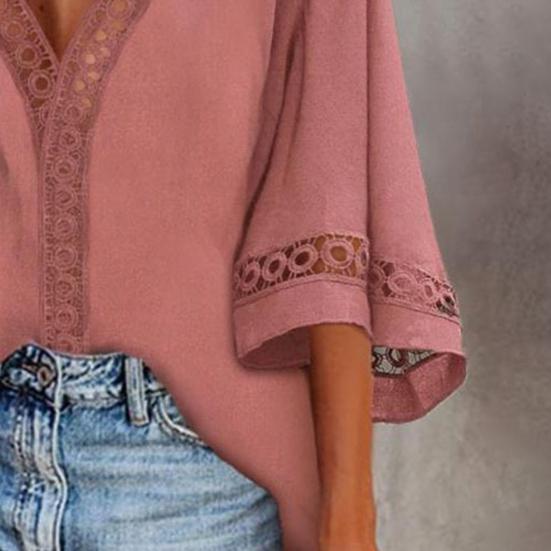 Blouse Solid Color Loose 4 Colors Women Hollow Out Lace Stitching Tops