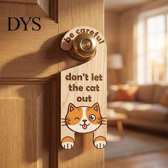 Pet Shop Door Sign Cat Warning Handle Sign, Wooden Cartoon Hanging Reminder, Home Security Reminder Tag Safety Knob Hanger, for Bedroom And