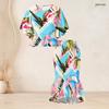Women Plus Size Printed Two Piece Set Crew Neck Batwing Sleeve Ruffle Hem Top Fishtail Skirt