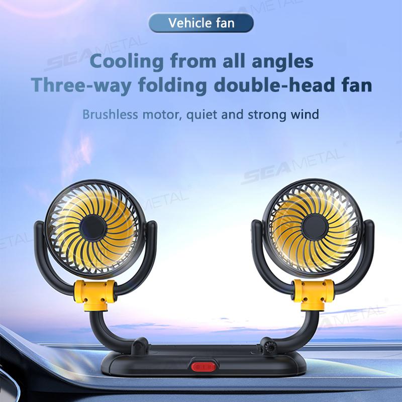 SEAMETAL Car Dual Headed Fan 360° Degree Rotation 2 Speeds Adjustable USB Auto Air Cooling Fan