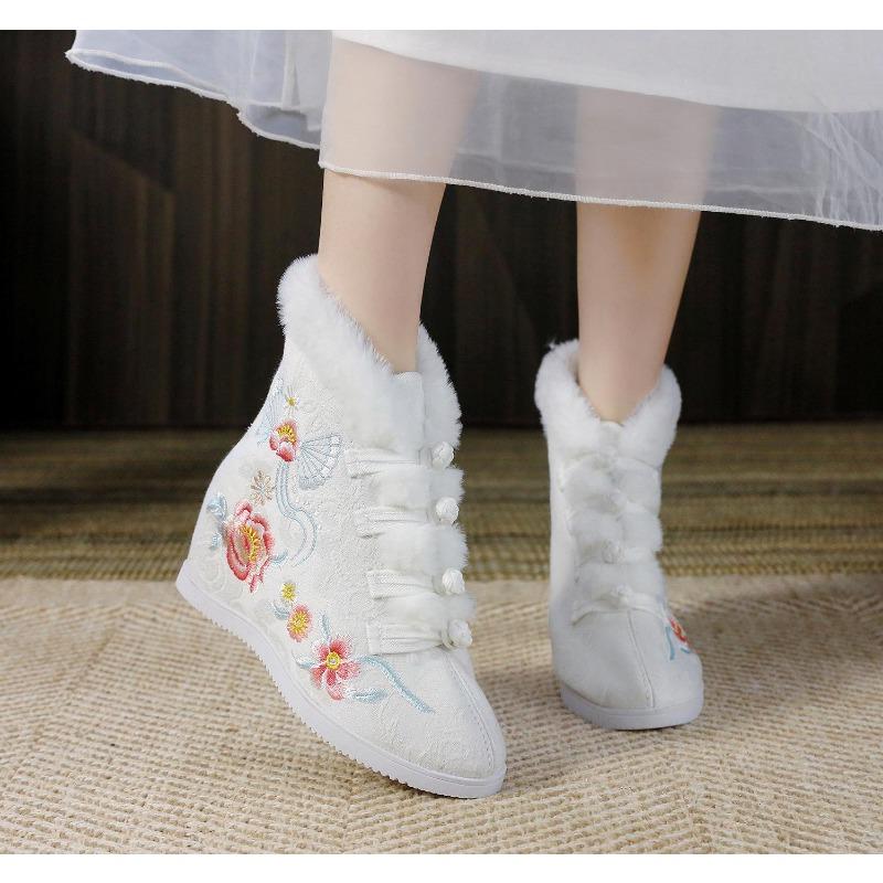 Women's Winter Warm Casual Ankle Boots Anti Slip Fleece Lined Snow Boots High-Top Shoes Comfortable Embroidered Faux Fur Lined Short Booties for Women