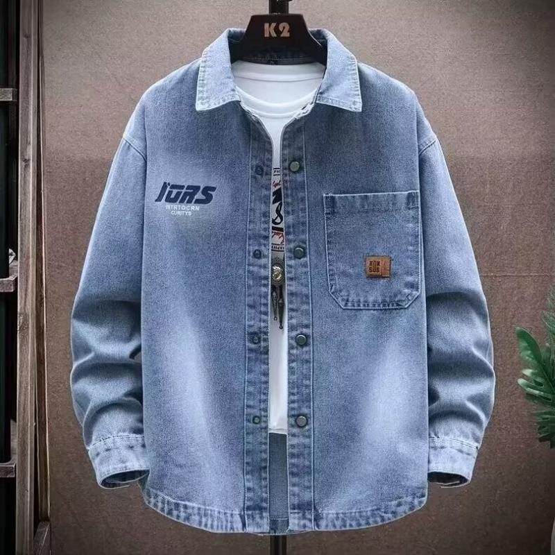 

Men s Loose Street Style Fit Denim Jacket with Letter Print and Chest Pocket - Casual Button Coat 4XL синій
