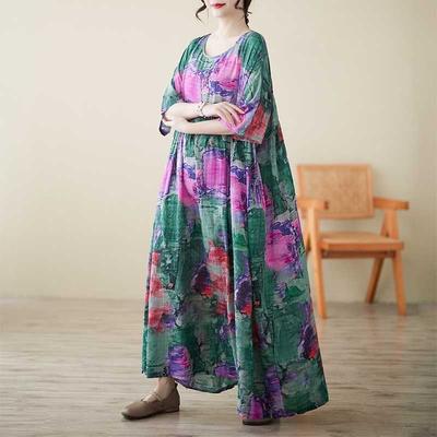 Literary and Retro Cotton and Linen Dress Women's Summer New Round Neck Short Sleeve Middle-aged and Elderly Mother Loose Foreign Trade Dress