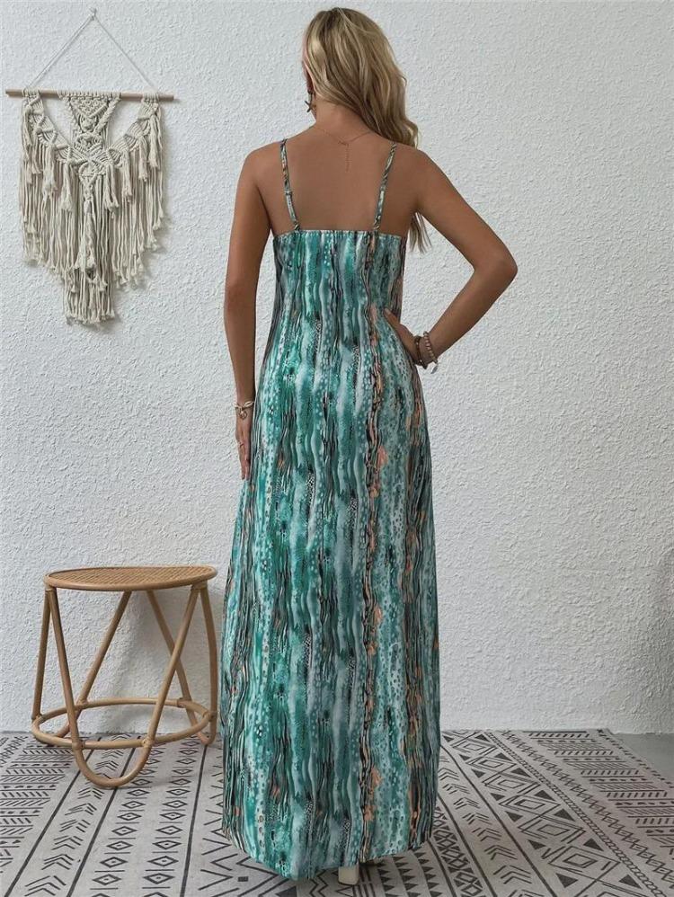 Spring Summer Women Fashion European American Style Printed Suspender Dress