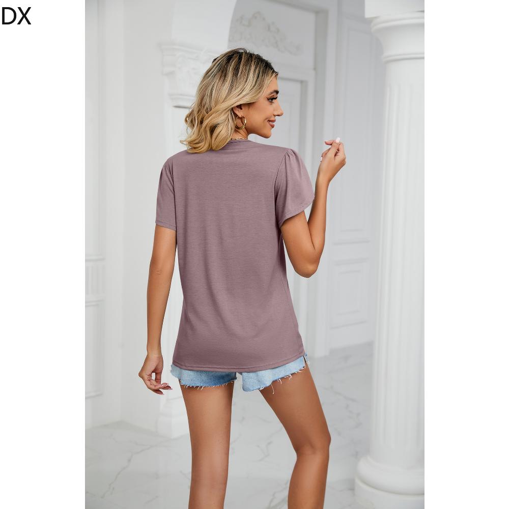 DX весна/лето новая однотонная футболка с короткими рукавами и золотым кружевом — фото 4