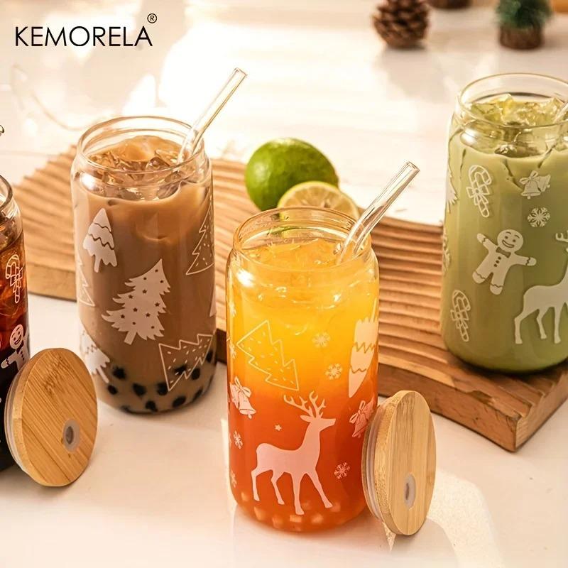 1/4PCS Christmas Glass Cup Beer Can Coffee Mug With Lid And Straw Xmas Tree Elk Tumbler 480ML Drinking Glassware Drinkware Gifts