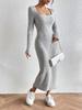 Abito aderente a coste con scollo quadrato, stile autunno/inverno europeo e americano - Modello aderente che valorizza la vita e i fianchi, con spacco e maniche lunghe per un look sexy e provocante.